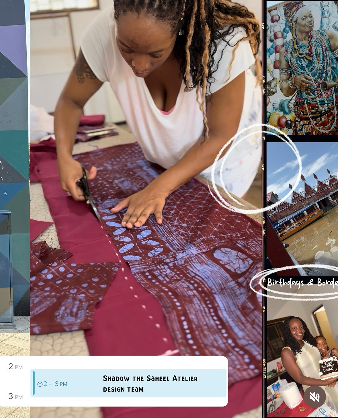 Kenyatta cutting patterned fabric with the Saheel Atelier design team