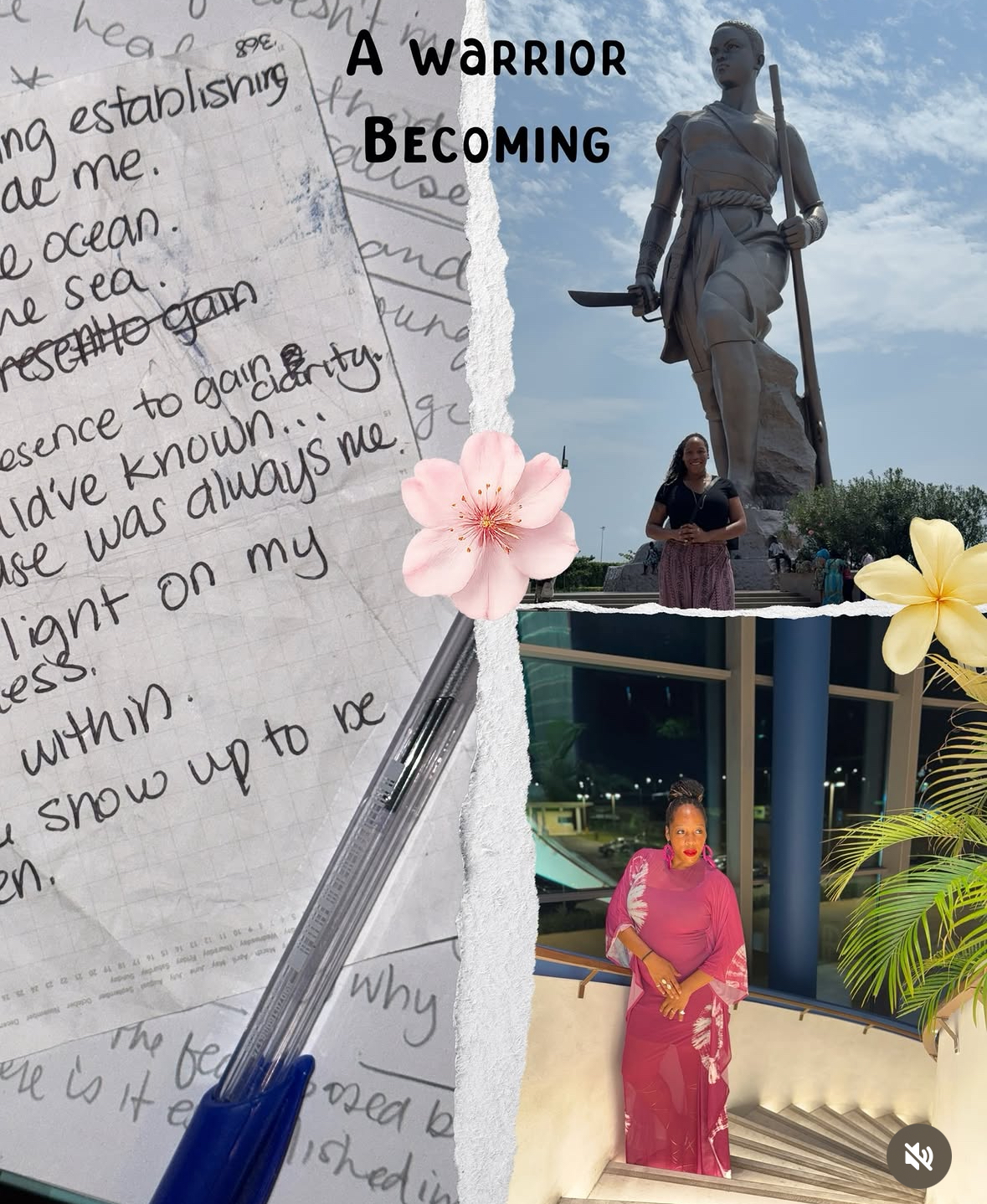 Kenyatta before a warrior statue and on a spiral staircase, titled 'A Warrior Becoming'