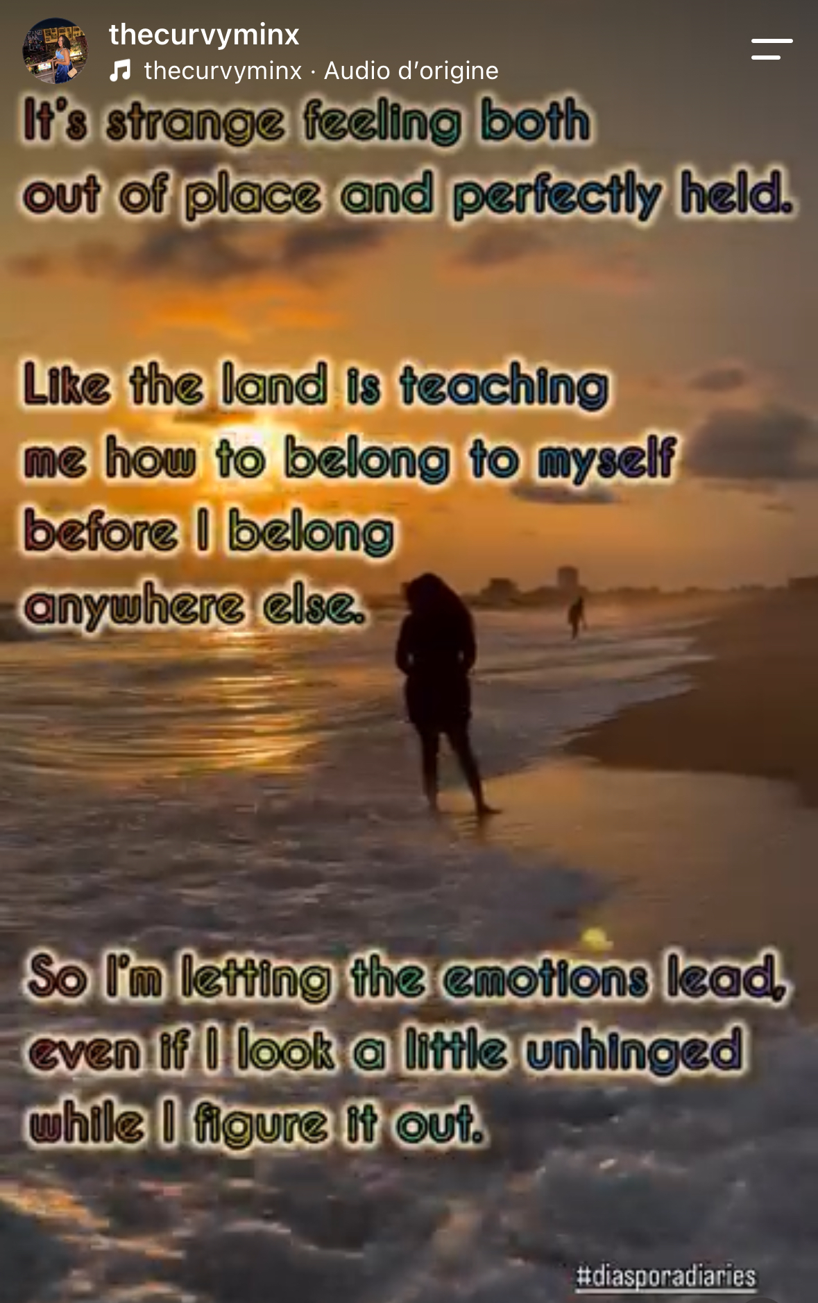 Kenyatta in silhouette in the surf at sunset, with the line 'belong to myself before I belong anywhere else'