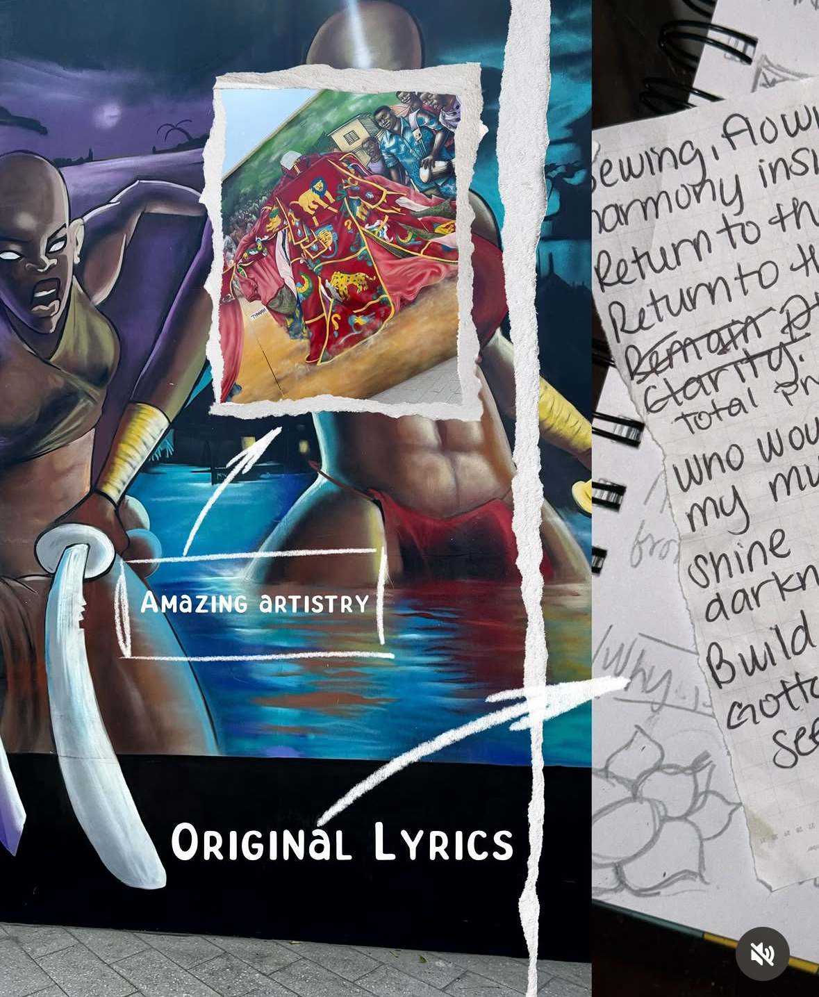 Collage of a warrior mural, a red ceremonial costume and a notebook of original lyrics
